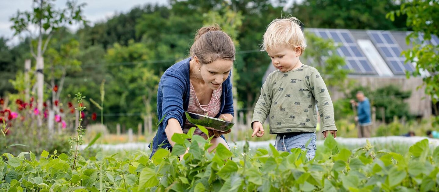 Vrouw en kindje knielen bij gewas