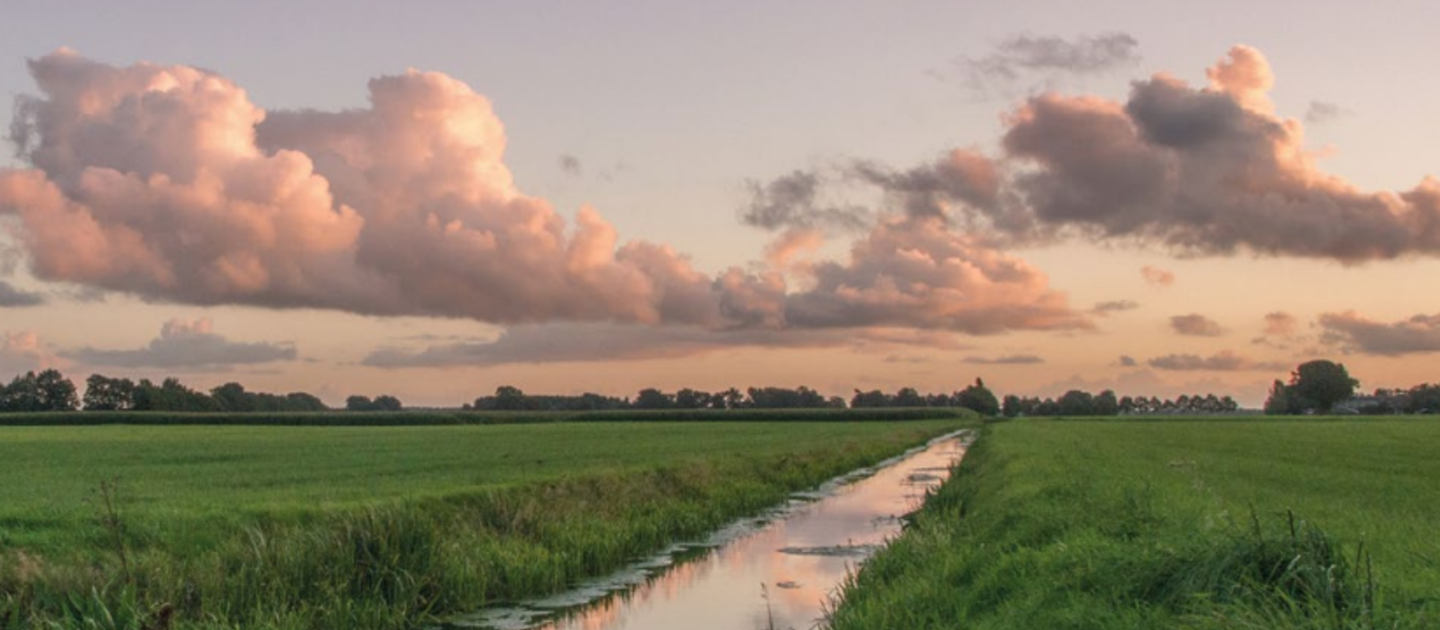 Weiland met sloot tijdens zonsondergang